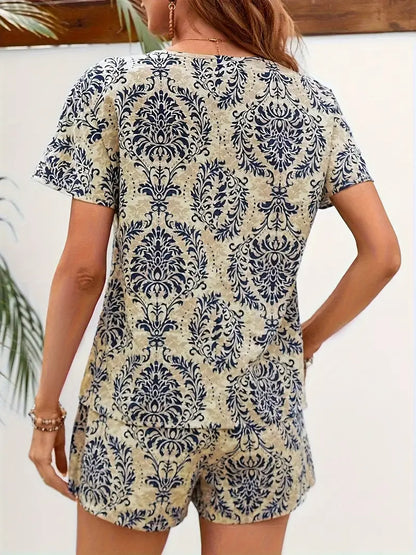 Tropical Print V-Neck Short Sleeve Blouse and Shorts Set
